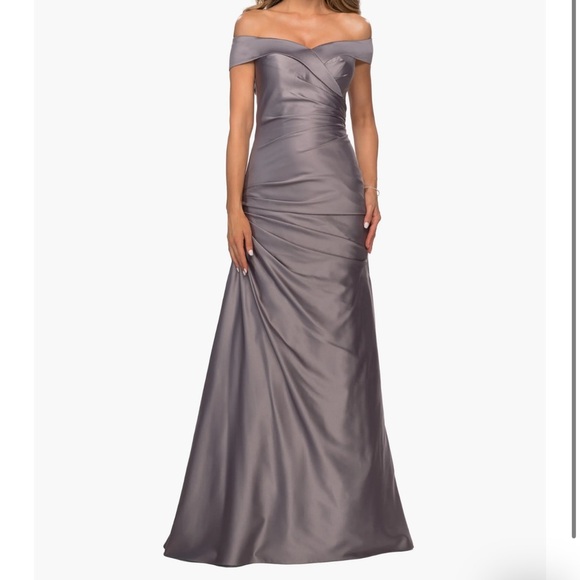 La Femme Dresses & Skirts - La Femme Off the Shoulder Satin Evening Dress with Pleating size 10 NWT